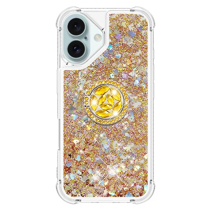 For iPhone 16 Plus TPU Case with Kickstand Quicksand Shockproof Cover - Gold / Hearts