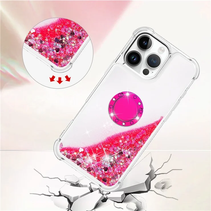 For iPhone 16 Pro TPU Case with Kickstand Quicksand Shockproof Cover - Pink / Hearts