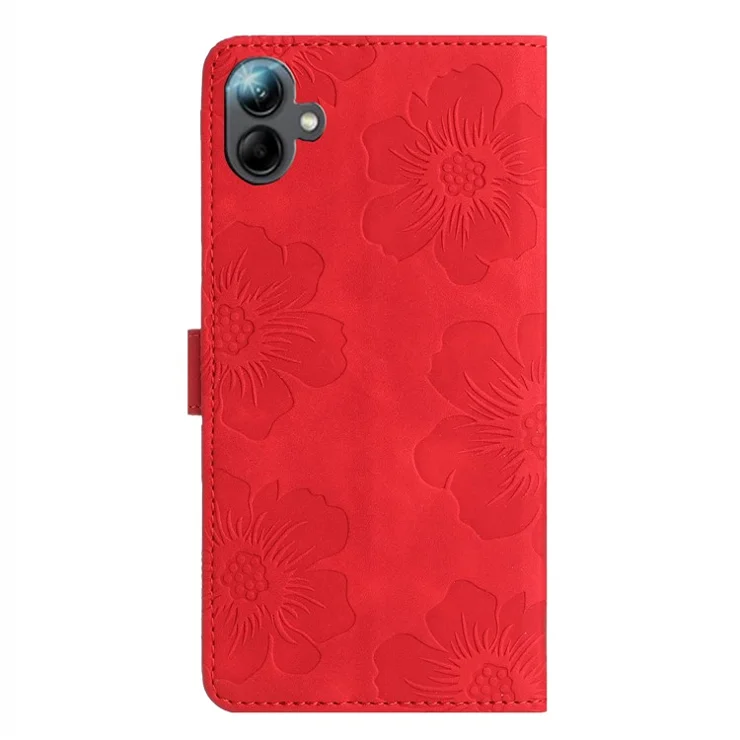 For Samsung Galaxy A06 4G Case Flower Design Leather Wallet Phone Cover with Wrist Strap - Red