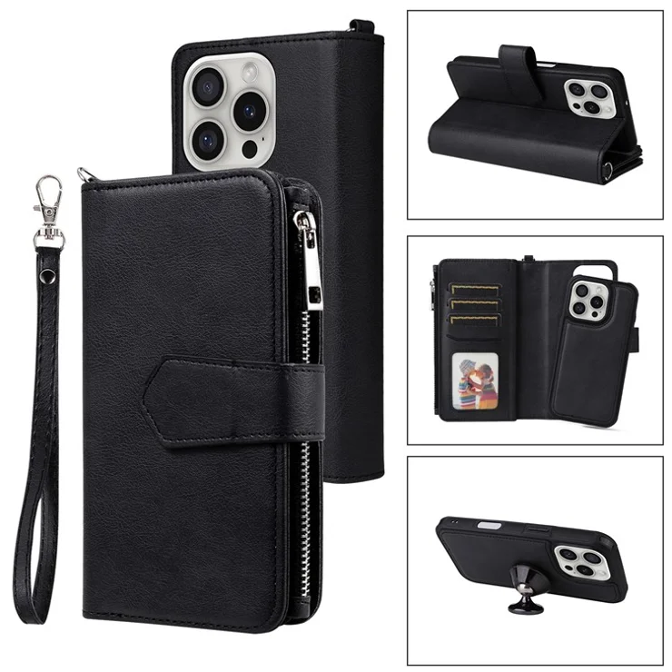 For iPhone 16 Pro Magnetic Leather Case Mobile Cover with Detachable Zipper Wallet Strap - Black
