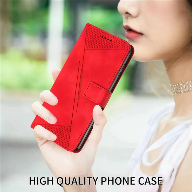 For Oppo A3 Pro (Global) 5G / A3 Pro (India) 5G / K12x 5G (India) Case Triangle Pattern Leather Phone Cover with Hand Strap Card Slots - Red
