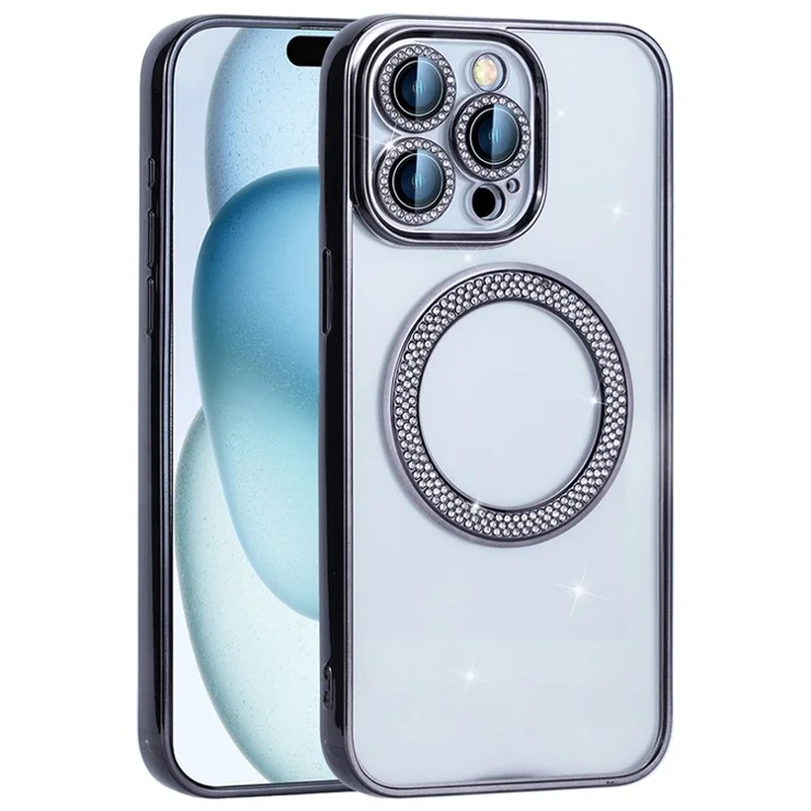 For iPhone 16 Pro Max Magnetic Case Bling Rhinestone Clear TPU + PC Phone Cover - Black