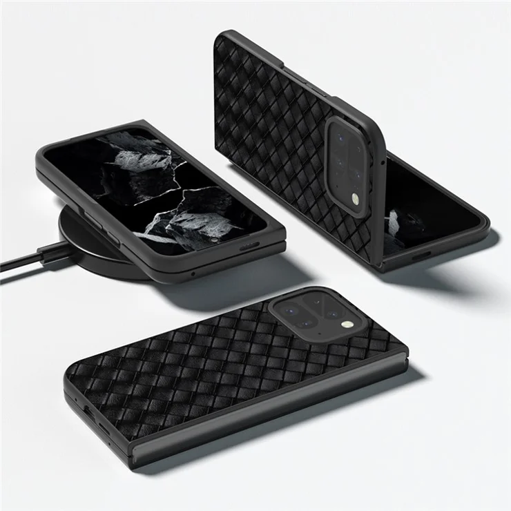 For Google Pixel 9 Pro Fold 5G Case Woven Texture PU Leather Coated PC Mobile Phone Cover - Black