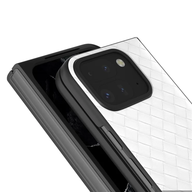For Google Pixel 9 Pro Fold 5G Case Woven Texture PU Leather Coated PC Mobile Phone Cover - White