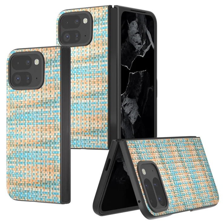 For Google Pixel 9 Pro Fold 5G Case Leather+PC Phone Cover Plaid Texture - Blue