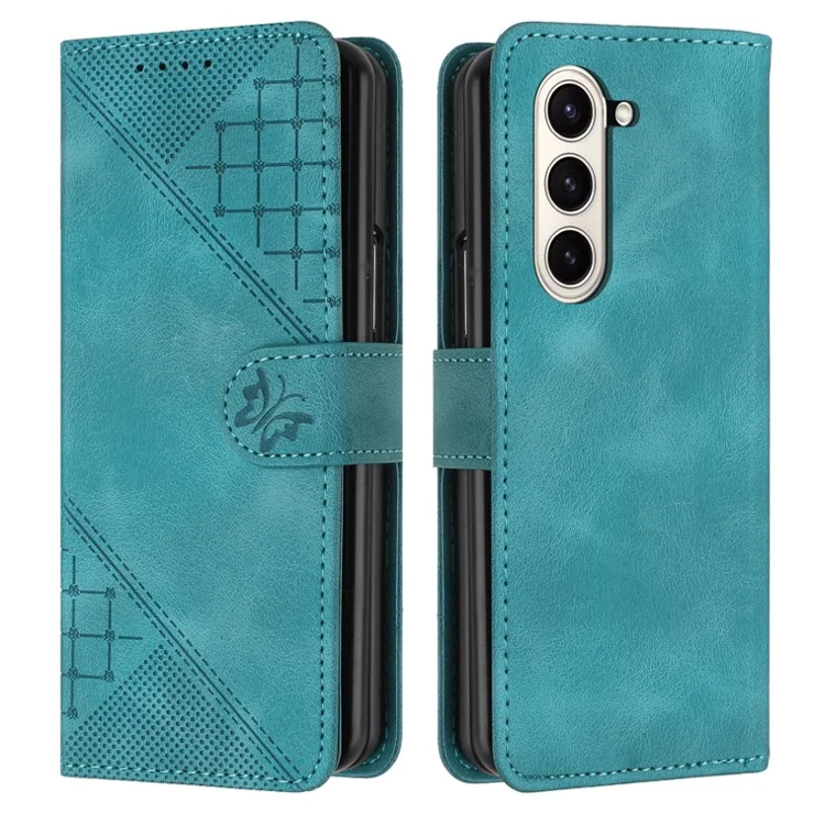 For Samsung Galaxy Z Fold5 5G Leather Wallet Case Butterfly Flower Imprinted Phone Cover with Strap - Baby Blue
