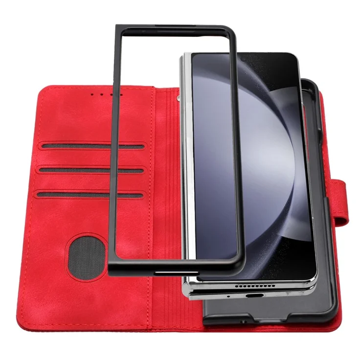 For Samsung Galaxy Z Fold3 5G Leather Wallet Case Butterfly Flower Imprinted Phone Cover with Strap - Red