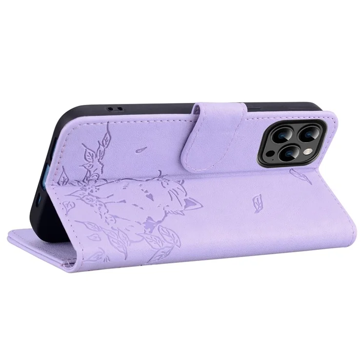 For iPhone 14 Pro Case Wallet Cat Pattern Imprinted Leather Phone Cover - Purple