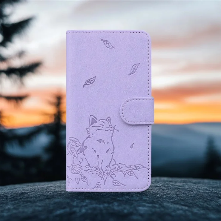 For iPhone 14 Pro Case Wallet Cat Pattern Imprinted Leather Phone Cover - Purple