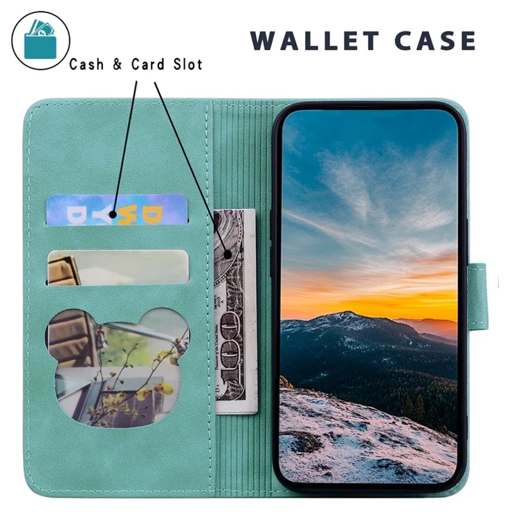 For iPhone 13 Pro Max Case Wallet Cat Pattern Imprinted Leather Phone Cover - Green