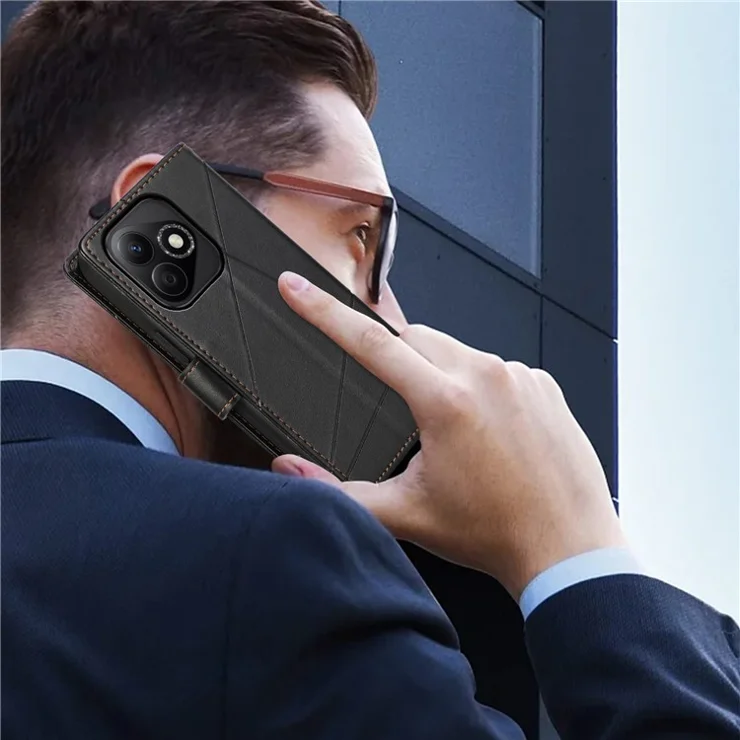 DF-06 For Honor X60i 5G Phone Case Leather Flip Wallet Cover Line Imprint - Black