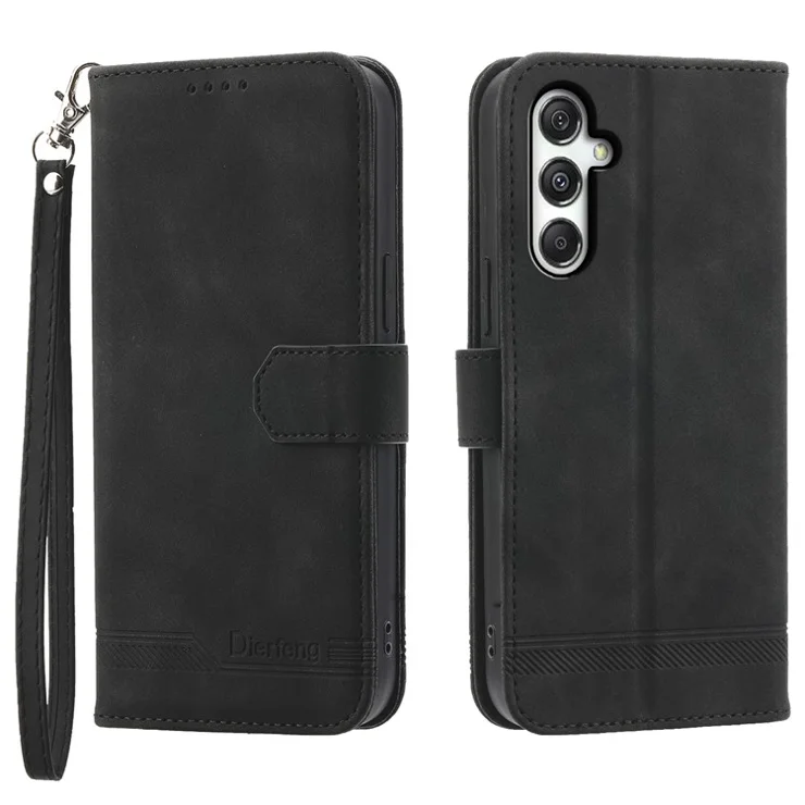 DIERFENG DF-03 For Samsung Galaxy M35 5G Leather Case Lines Imprint Wallet Phone Cover - Black