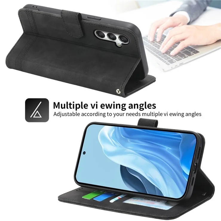 DIERFENG DF-03 For Samsung Galaxy M35 5G Leather Case Lines Imprint Wallet Phone Cover - Black