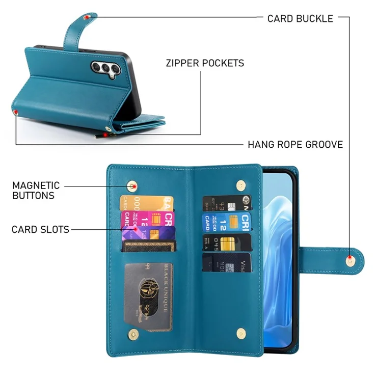 DF-011 For Samsung Galaxy M35 5G Case Zipper Pocket Wallet Leather Phone Cover with Straps - Blue