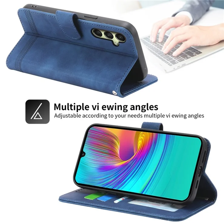 DIERFENG DF-03 For Samsung Galaxy A16 5G / A16 4G Leather Case Lines Imprint Wallet Phone Cover - Blue