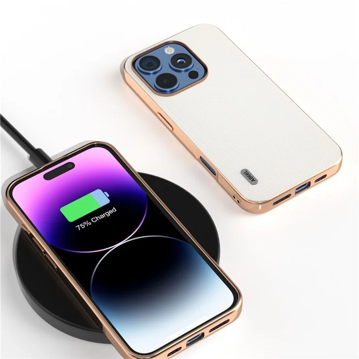 ABEEL For iPhone 16 Pro Max Case Electroplating Genuine Cow Leather PC Phone Cover - White