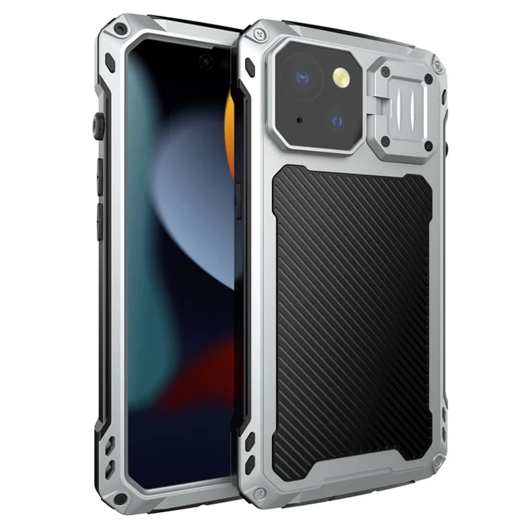 For iPhone 15 Case Aluminum Alloy+Silicone Lens Kickstand Phone Cover with Tempered Glass Film - Silver