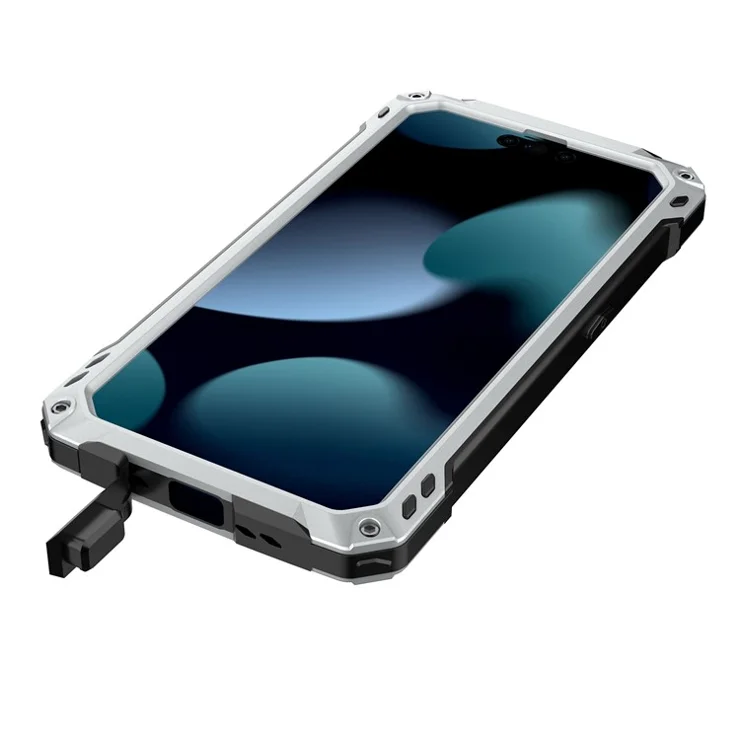 For iPhone 15 Case Aluminum Alloy+Silicone Lens Kickstand Phone Cover with Tempered Glass Film - Silver