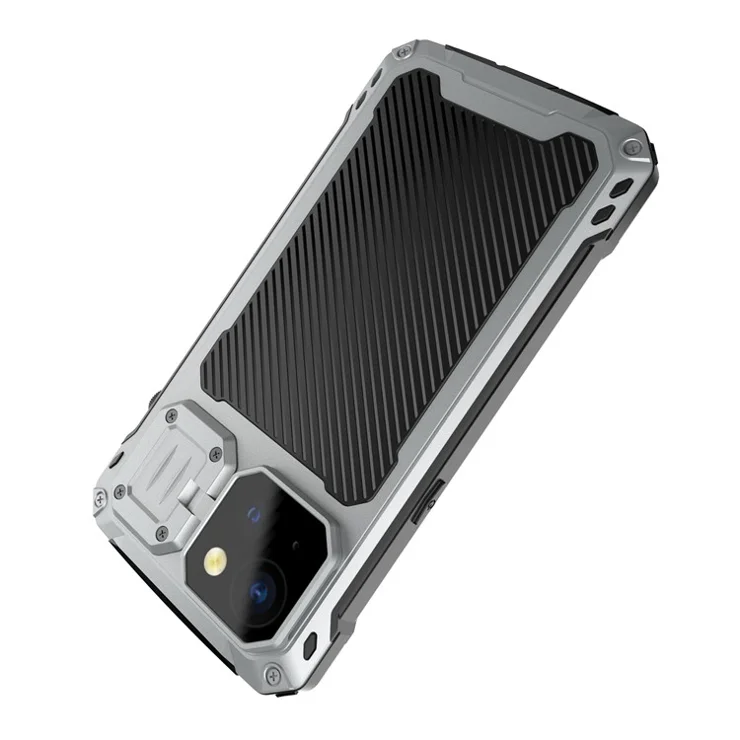 For iPhone 15 Plus Case Aluminum Alloy+Silicone Lens Kickstand Phone Cover with Tempered Glass Film - Silver