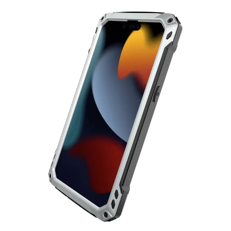 For iPhone 15 Plus Case Aluminum Alloy+Silicone Lens Kickstand Phone Cover with Tempered Glass Film - Silver
