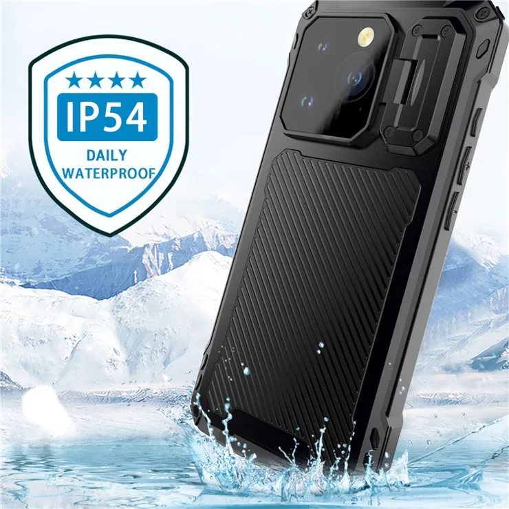 For iPhone 15 Pro Case Aluminum Alloy+Silicone Lens Kickstand Phone Cover with Tempered Glass Film - Black