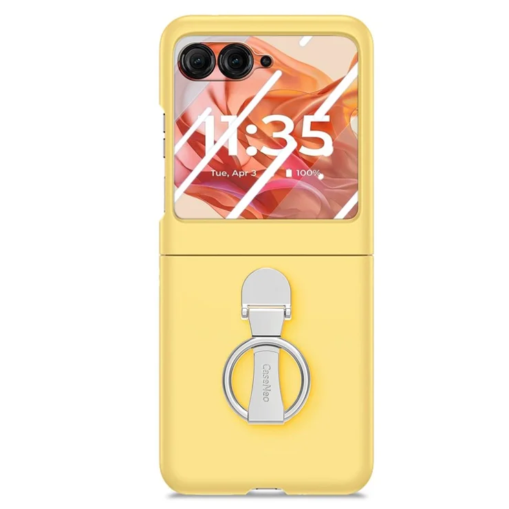 For Motorola Razr 50 5G Case Ring Kickstand PC Phone Cover with Tempered Glass Rear Screen Film - Yellow