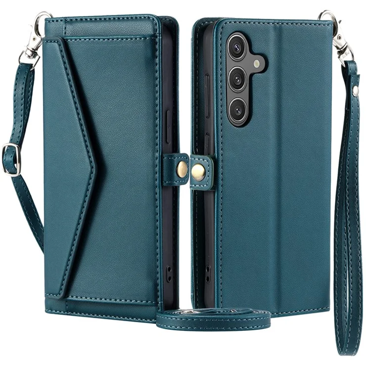 For Samsung Galaxy S23 FE Leather Case Wallet Stand Phone Cover with Straps - Blackish Green