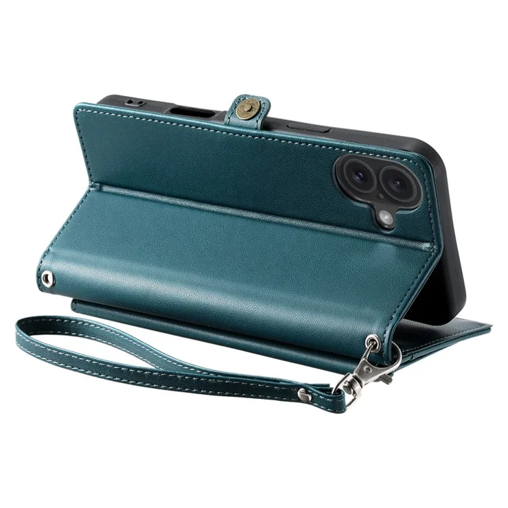 For iPhone 16 Leather Case Wallet Stand Phone Cover with Straps - Blackish Green