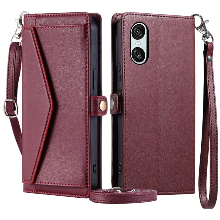 For Sony Xperia 10 VI Leather Case Wallet Stand Phone Cover with Straps - Wine Red