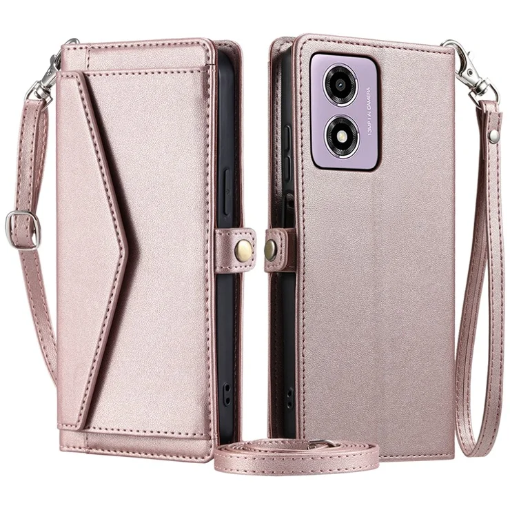 For Motorola Moto E14 4G / G24 4G Leather Case Wallet Stand Phone Cover with Straps - Rose Gold