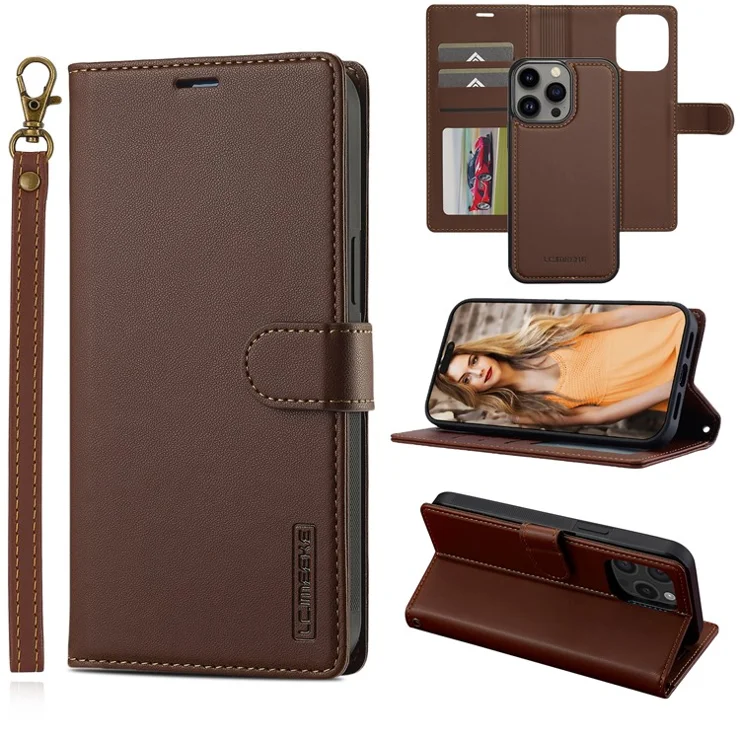 LC.IMEEKE L2 Series for iPhone 14 Pro Max Case PU Leather Wallet Detachable Magnetic Phone Cover - Brown