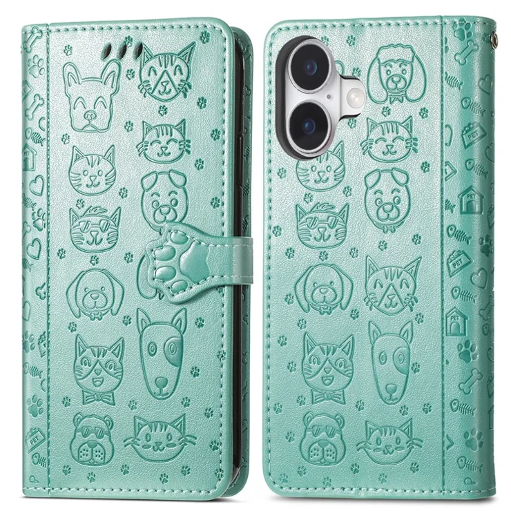For iPhone 16 Plus Leather Wallet Case Flip Phone Cover with Cute Cat Dog Pattern - Green