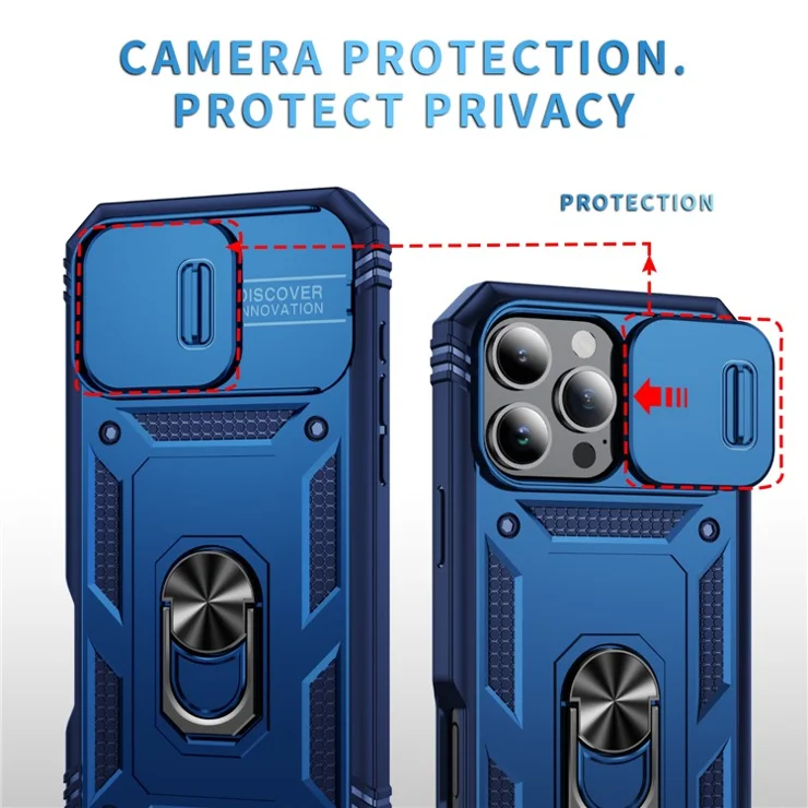 For iPhone 16 Pro Case Sliding Camera Cover Ring Kickstand PC+TPU Phone Shell - Sapphire