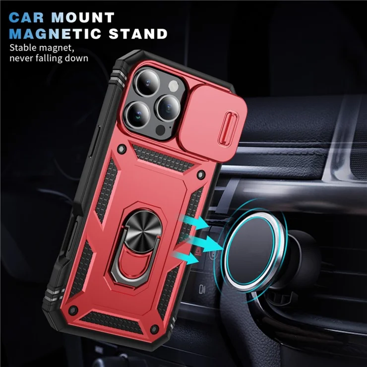 For iPhone 16 Pro Case Sliding Camera Cover Ring Kickstand PC+TPU Phone Shell - Red+Black