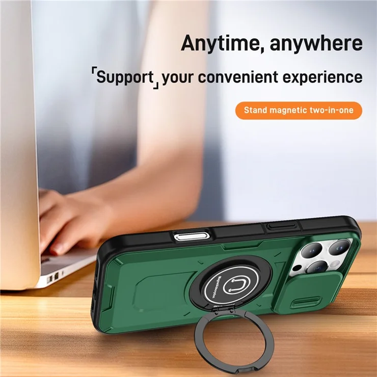 For iPhone 16 Pro Case Camshield Kickstand TPU+PC Phone Cover Support Magnetic Car Mount - Midnight Green
