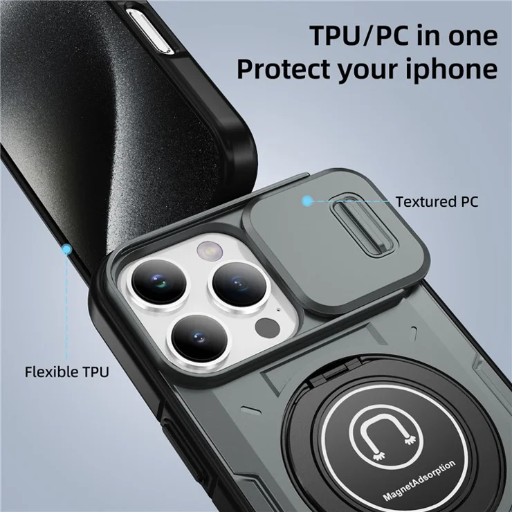 For iPhone 16 Pro Case Camshield Kickstand TPU+PC Phone Cover Support Magnetic Car Mount - Grey