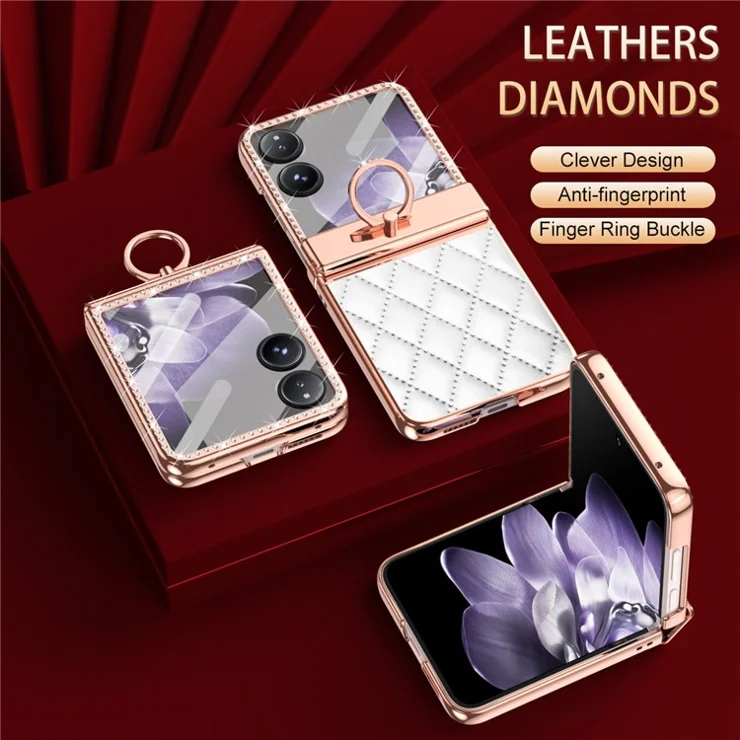 For Xiaomi Mix Flip 5G Case Ring Holder Rhinestone Leather+PC Cover with Rear Screen Film - White
