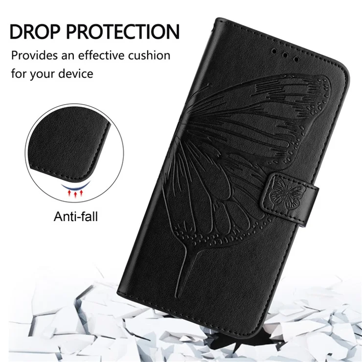 For iPhone 16 Pro Max Wallet Case with Wrist Strap Butterfly Imprint Leather Phone Cover - Black