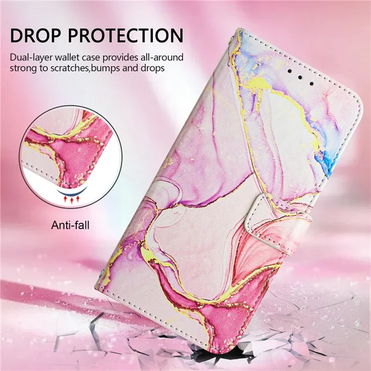 For iPhone 16 Pro Leather Case with Shoulder Strap Marble Pattern Phone Stand Cover - Rose Gold LS005