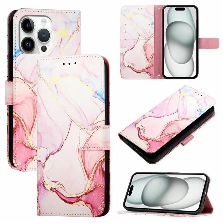 For iPhone 16 Pro Leather Case with Shoulder Strap Marble Pattern Phone Stand Cover - Rose Gold LS005