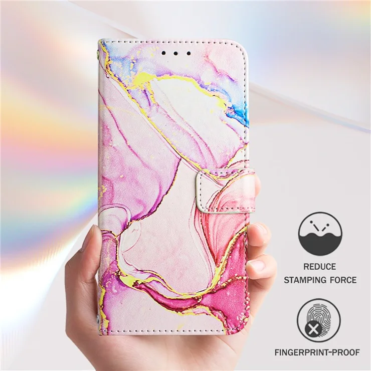 For iPhone 16 Case with Strap Marble Pattern Leather Phone Cover Card Holder - Rose Gold LS005