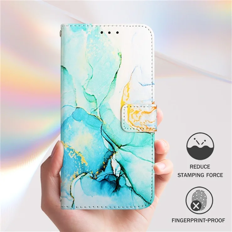 For iPhone 16 Case with Strap Marble Pattern Leather Phone Cover Card Holder - Green LS003