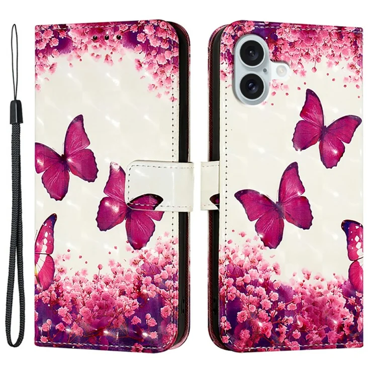 For iPhone 16 Plus Leather Case Pattern Printing Wallet Stand Mobile Cover with Strap - Rose Butterflies