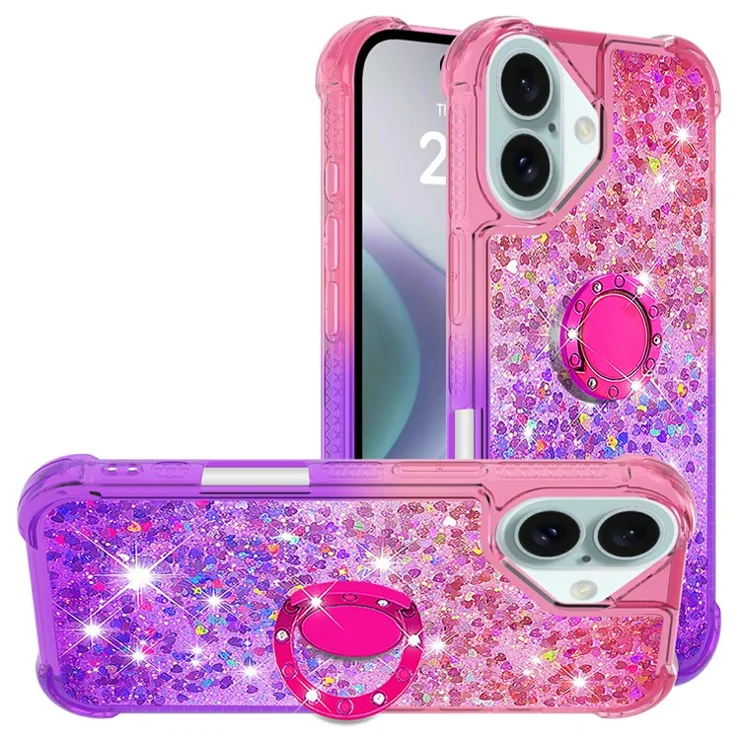 For iPhone 16 Plus TPU Case with Kickstand Gradiant Quicksand Shockproof Cover - Pink+Purple