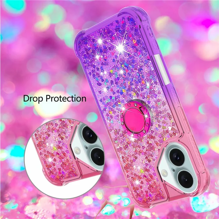 For iPhone 16 Plus TPU Case with Kickstand Gradiant Quicksand Shockproof Cover - Pink+Purple