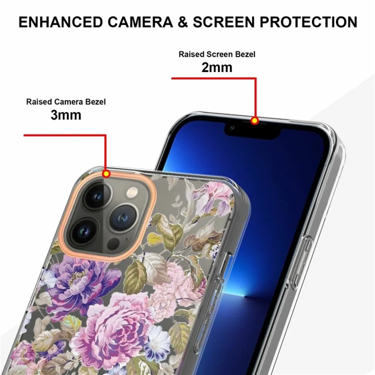 For iPhone 16 Pro Max Case IMD IML Flower Pattern Electroplated TPU Back Cover - HC006 Purple Peony