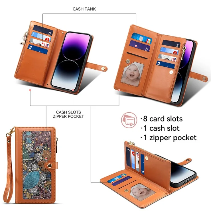 ESEBLE Galaxy Series For Google Pixel 9 Pro / Pixel 9 Case Leather Zipper Phone Cover RFID Blocking - Brown