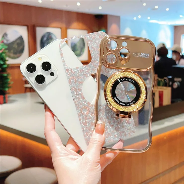 For iPhone 16 Pro Magnetic Case Curly Frame TPU Leopard Print Glitter Phone Cover Kickstand - Black