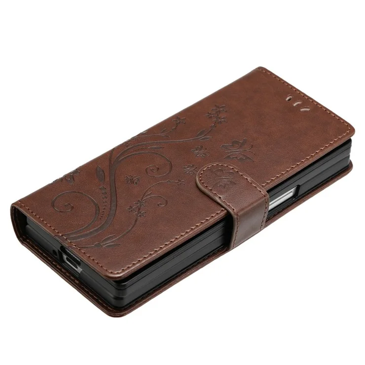 For Samsung Galaxy Z Fold6 5G Leather Wallet Case Butterfly Flower Imprinted Phone Cover with Strap - Brown
