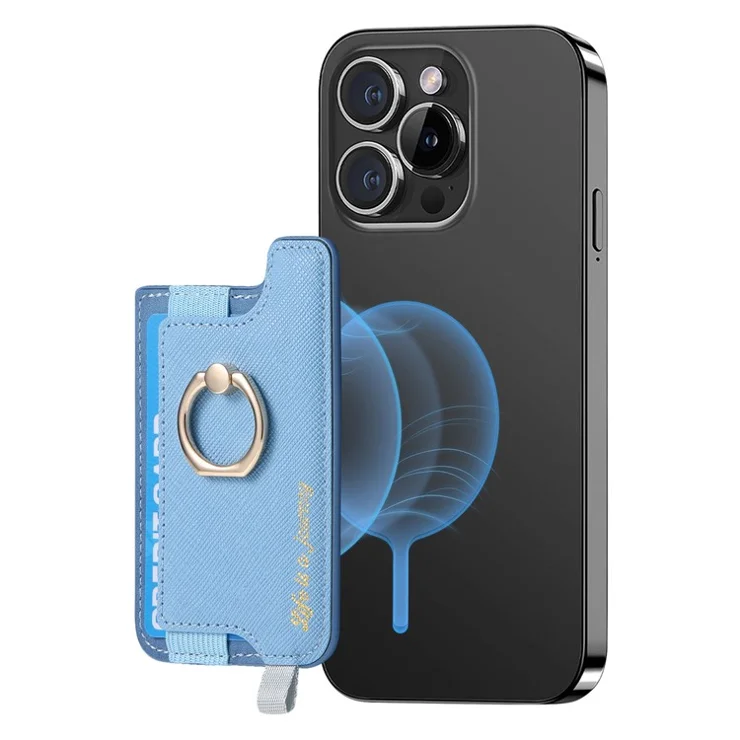 MC-W13 Magnetic Card Holder Ring Kickstand Leather Card Bag Sleeve Pouch - Blue